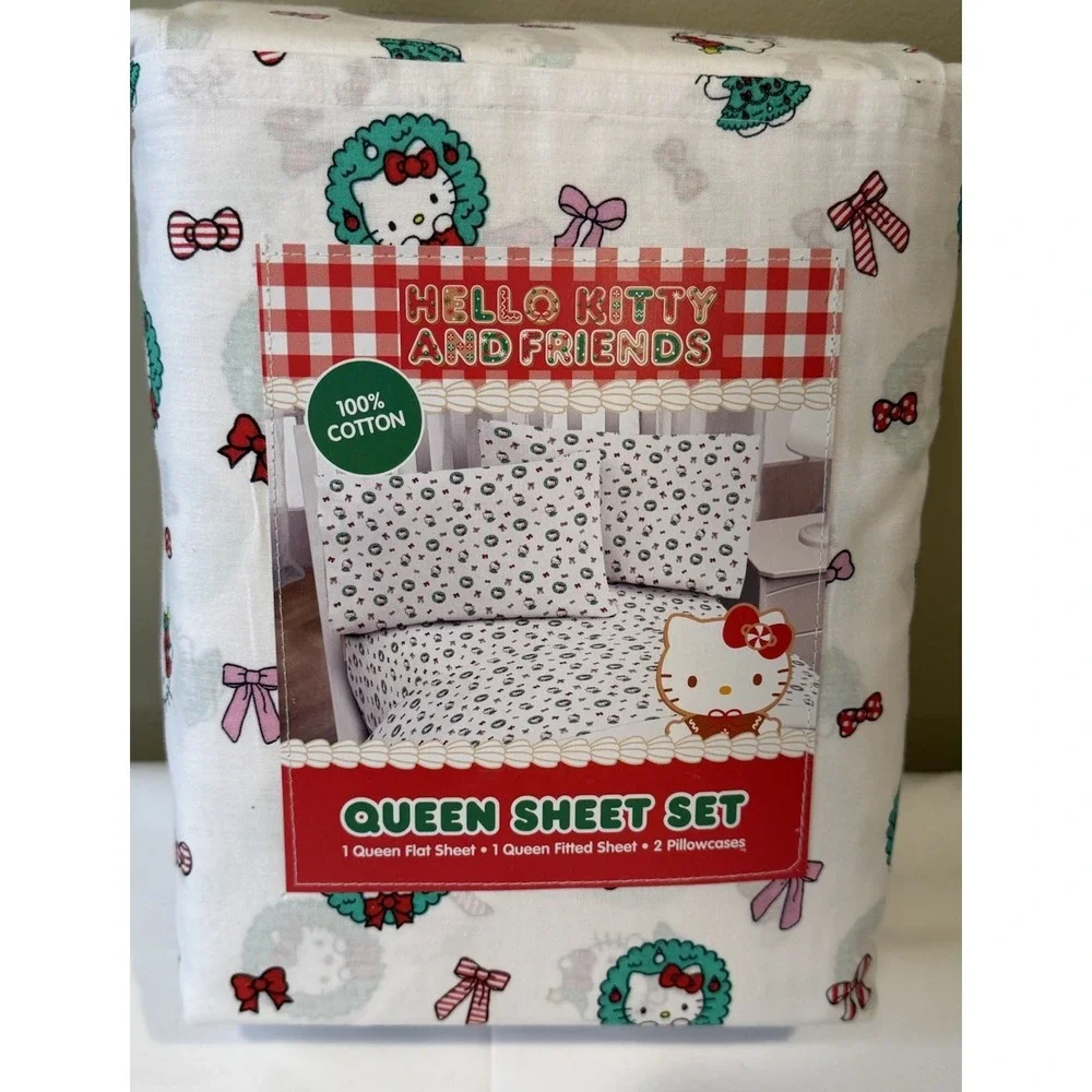 Hello Kitty White Wreaths Bows Christmas Pattern Queen Size Sheet Set ~BRAND NEW